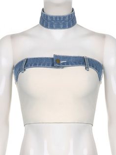 y2k-kawaii-fashion-Denim Choker Tube Top-Denim - White-L-Pinky Dollz Y2k Choker, Corset Y2k, Indie Aesthetic Outfits, Denim Choker, Lace Beach Dress, Under Bridge, Outfits Pastel, Denim Collar, Dream Outfits