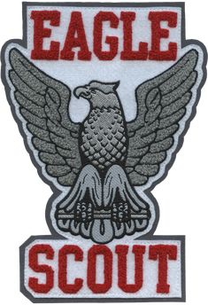 an eagle scout patch with the words eagle scout in red and grey on white background