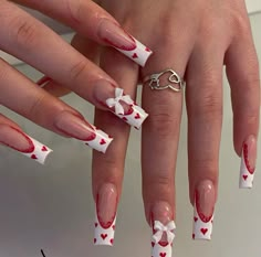 this but w/ the textured cloth looking bows 🥰 Paznokcie Hello Kitty, Vday Nails, Girly Acrylic Nails, Pink Acrylic Nails, Square Acrylic Nails, Heart Nails, Fire Nails, Dope Nails, Valentine's Day Nails