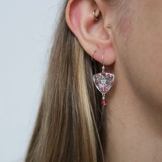 Designs are silver, bronze, or copper plated brass with Czech or Swarovski crystals. Ear wires are surgical steel or gold or silver plated surgical steel. 1.5" Long Handcrafted in the USA Pink Dragonfly, Triangle Earrings, Copper Plated, Ear Wires, Swarovski Crystals, Silver Plate, Silver Plated, Copper, Plating