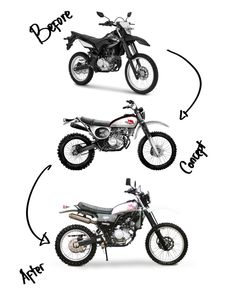 three different types of motorbikes are shown in this graphic above the words, before and after