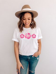 Hawaiian Shirt featuring pink hibiscus flowers -- size up for an oversized fit (see size chart in listing photos). Looking for additional outdoor/vacation/warm weather apparel? Check these out: https://www.etsy.com/shop/TheGraphicPeach?ref=seller-platform-mcnav§ion_id=31675954 Our shop uses direct-to-garment printing to make our products. The design ink is sprayed on, then allowed to soak into the fibers of the garment. This process yields fine quality prints and a smooth finish on the garment. Surfer Girl Aesthetic, Surf T Shirt, Hibiscus Shirt, Chihuahua Shirt, School Secretary, Chihuahua Mom, Office Shirt, Pink Hibiscus, Administrative Assistant