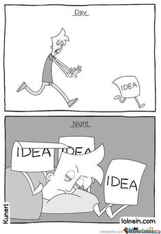 two cartoon comics with one saying idea and the other saying idea