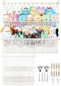 several stuffed animals are in a basket with clothes pins and pegs next to it