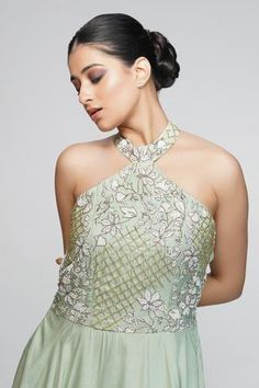 Shop for Shruti S Green Silk Halter Neck Gown for Women Online at Aza Fashions Halter Neck Gown, Embroidered Motifs, Gown For Women, Sequin Halter, Embroidered Neckline, Gowns Online, Fabric Silk, Green Silk, Sea Green