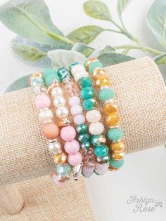 Affordable Handmade Pastel Jewelry, Colorful Beads Stretch Bracelet For Everyday, Everyday Stretch Bracelet With Colorful Beads, Stackable Green Beaded Bracelets, Trendy Everyday Hand Wrapped Jewelry, Pink Faceted Beads Jewelry For Everyday, Stackable Crystal Bracelet With Round Beads, Trendy Hand Wrapped Jewelry, Everyday Pink Faceted Beads Jewelry