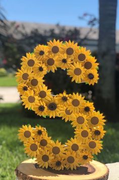 the number 5 made out of sunflowers sits on top of a tree stump