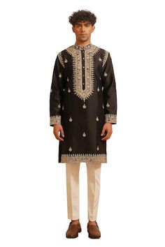 Black kurta with thread embroidered blossom motifs embellished by sequins and pearls. Comes with pant. - Aza Fashions Designer Sherwani With Floral Embroidery For Navratri, Festive Embroidered Sherwani With Traditional Fit, Ceremonial Chanderi Sherwani With Embroidered Border, Designer Chanderi Sherwani With Embroidered Border, Traditional Fit Embroidered Wear For Diwali, Festive Ceremonial Kurta With Embroidered Border, Ceremonial Sherwani With Embroidered Border For Navratri, Traditional Sherwani With Floral Embroidery For Navratri, Traditional Black Sherwani With Floral Embroidery