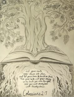 an open book with a tree growing out of it and the words colossans 2 1