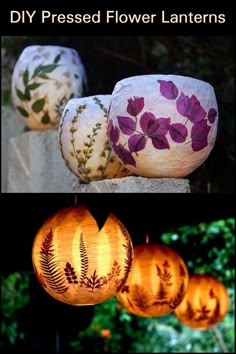 some paper lanterns with flowers on them and the words diy pressed flower lanterns below