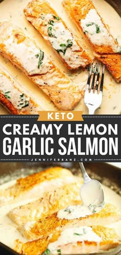 keto creamy lemon garlic salmon in a skillet with a spoon and fork on the side