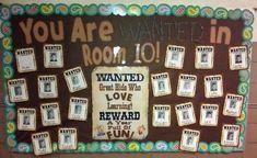 a bulletin board with words and pictures on it that say you are in the room