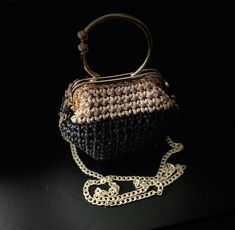 Black and gold crochet metallic yarn purse with kiss clasp and gold chain strap. Yarn Purse, Gold Crochet, Metallic Yarn, Sling Bags, Crochet Inspiration, Chain Strap, Black And Gold, Cross Body Handbags, Gold Chain