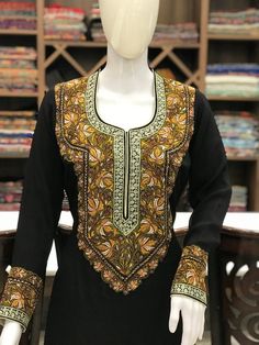 A stunningly fabulous outfit featuring Kashmiri Sozni and Tilla fusion embroidery. - - - - - - - - - - - - - - - - - - - - Product Details- Condition: Brand New- Style: Salwar Suit- Embroidery: Kashmiri Sozni & Tilla Work- Colour: Black or Maroon- Embroidery Colour: Multi-ColourF A B R I CShirt: Pure Monga SilkDupatta: Pure Monga SilkLower: Pure Monga SilkF I N I S HUnstitched/Semi-StitchedYou can get it stitched locally.47+ inches of Shirt Length and up to full sleeves length.StitchedWant s Designer Bollywood Kurta With Floral Embroidery, Transitional Jamawar Kurta With Floral Embroidery, Embroidered Fabric For Straight Kurta With Dabka Work, Festive Lawn Suit With Resham Embroidery For Traditional Ceremonies, Chinon Kurta With Intricate Embroidery For Traditional Ceremonies, Chinon Kurta With Intricate Embroidery For Ceremonies, Georgette Lawn Suit With Resham Embroidery For Traditional Ceremonies, Anarkali Churidar With Intricate Embroidery For Traditional Ceremonies, Traditional Long Sleeve Wear With Intricate Embroidery In Chinon