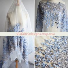 this is an image of a dress with blue and white flowers on the bottom, along with sheer fabric