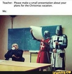 two men dressed as knights in front of a blackboard