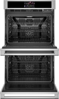 two stainless steel ovens side by side