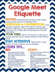 a poster with the words google meet etiquette written in different colors and styles