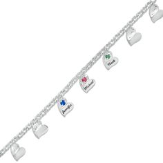 A pretty gift, this sparkling Personalized charm bracelet reminds Mom how much you cherish her. Crafted in your choice of silver or gold, this thoughtful design features the three to seven birthstones you choose, each glistening atop a fancy heart-shaped charm. Include up to seven engraved names - each up to eight characters in length in elegant script - below its corresponding birthstone. Polished to a bright shine, this 7.0-inch curb chain bracelet secures with a lobster claw clasp. Silver Heart Charm For Birthday, Sterling Silver Name Bracelet With Heart Charm For Gift, Silver Name Bracelet With Heart Charm, Silver Name Bracelet With Heart Charm As Gift, Silver Name Bracelet With Heart Charm For Gift, Dainty Sterling Silver Charm Bracelet With Heart Charm, Sterling Silver Bracelets With Heart Charm For Anniversary, Sterling Silver Bracelet With Heart Charm For Anniversary, Personalized Sterling Silver Bracelet With Heart Charm