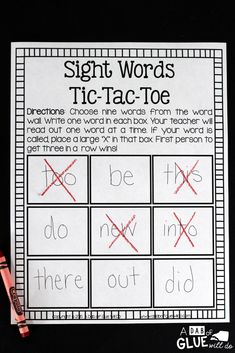 sight words tic - tac - toe worksheet with crayons