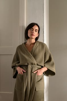 For those who seek to create their own home spa experience, this robe makes your morning and evening rituals more pleasurable. Minimalist, breathable, and absorbent, it features a delightful waffle texture. Treat the special women in your life with this thoughtful gift--ideal for wives, girlfriends, moms, sisters, or step mothers; a gift that conveys the sense that you've given it careful consideration. * Boxy fit * Three-quarter length kimono sleeves * Wrap tie belt * With belt loops * With fro Robe For Women, Matching Robes, Kimono Sleeves, Womens Robes, Waffle Weave, Kimono Sleeve, Cotton Towels, Moss Green, Tie Belt