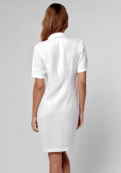 Classic Linen Shirt Dress With Spread Collar, Classic White Dress With Placket, Elegant Linen Dresses With Spread Collar, Knee-length Linen Shirt Dress, Classic Knee-length Linen Shirt Dress, Elegant White Shirt Dress With Placket, Elegant White Dress With Collared Neckline, Collared Linen Daywear Dresses, Collared Linen Day Dress