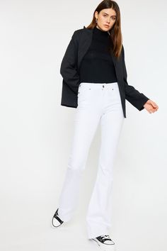 Our Alaska Mid Rise Jeans come in a classic flare cut in an opulent white color that was made to stand out. Sits right at the natural waistline as it gently tapers down the leg and begins to flare out at the calf. Made with super-stretch denim that keeps you feeling comfortable all day and won't bag out after each wear. Features a classic five-pocket design, single-button front, and zip-fly closure. 9" Rise / 33.75" Inseam 66.5% Cotton, 31.3% Rayon, 2.2% Spandex Model in size 3/25 Style # : KC6102WT-OP Stretchiness Level >> Super Stretch Classic White Flare Bottoms, White Flared Formal Bottoms, Elegant White Wide Leg Flare Jeans, Elegant White Wide-leg Flare Jeans, White Fitted Bottoms With Flared Hem, Chic White Flare Jeans For Fall, Classic White Fitted Flare Jeans, Elegant White High Rise Flare Jeans, White Mid-rise Flare Jeans For Work