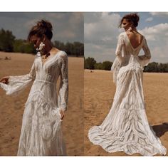 two pictures of a woman in a white dress on the beach, one is wearing a long sleeved wedding gown