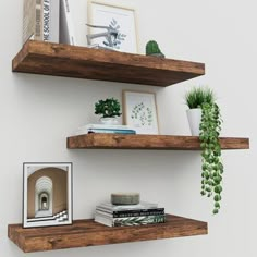 two wooden shelves with plants and pictures on them