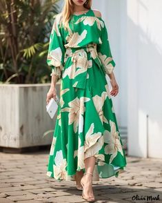 OliviaMark - Exquisito vestido estampado de manga farol Beachy Dresses, Gala Outfit, Mode Prints, Balloon Sleeve Dress, Korean Fashion Casual, Lantern Sleeve Dress, Neue Outfits, Dress Sleeve Styles, High Waist Dress