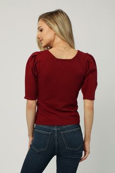 isla-puffed-short-sleeve-top-cranberry-red Fitted Solid Color Puff Sleeve Knit Top, Cotton Puff Sleeve Top For Fall, Fall Cotton Puff Sleeve Top With Short Sleeves, Cotton Puff Sleeve Top With Short Sleeves For Fall, Fitted Cotton Puff Sleeve Top With Crew Neck, Fitted Short Sleeve Puff Top For Work, Fitted Puff Sleeve Top For Work, Chic Fitted Puff Sleeve Top With Crew Neck, Fitted Puff Sleeve T-shirt For Spring