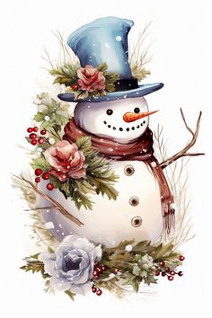 a snowman wearing a blue hat and scarf with flowers on it's head