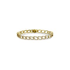 This gorgeous lavish glistening diamond link bracelet is set in luxurious 18K Yellow Gold. It has just under 2.5 carats of shimmering icicles. This will look ravishing on its own or stacked with other bracelets. Elegant Diamond-cut Cuban Link Diamond Bracelet, Elegant Cuban Link Diamond Bracelet With Diamond Cut, Elegant Cuban Link Bracelet With Diamond Accents For Gift, Elegant Cuban Link Bracelet With Cubic Zirconia, Fine Jewelry Diamond Chain Link Bracelet, Diamond Chain Link Bracelet Fine Jewelry, Diamond Chain Link Bracelets In Fine Jewelry Style, Elegant Cuban Link Bracelet With Oval Links, Diamond Jubilee Chain Link Bracelets