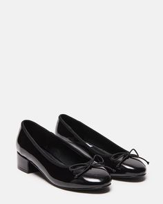 CHERISH Black Patent Slip-On Heels | Women's Heels – Steve Madden Black Heels For Graduation, Sixth Form Shoes, Prom Shoes Low Heeled, Low Block Heel Pumps, Corporate Girly, Clogs Heels, Heels Steve Madden, Outfit Collages, Dr Shoes