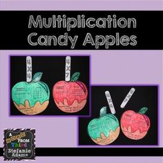 two apples made out of candy with the words'multiplication candy apples '