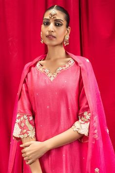 Buy Dohr India Pink Rani Sequin Placement Embroidered Kurta Set Online | Aza Fashions Dabka Embroidery, Dupatta Embroidery, Pink Kurta, Kurta Set For Women, Sequin Appliques, Embroidered Dupatta, Pattern Embroidery, Silk Dupatta, Kurta Set