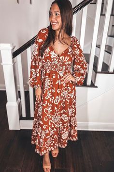 Print Midi Dress | Sophie & Trey Chic Maxi Length Long Sleeve Dress For Brunch, Chic Flowy Floral Dress For Casual Wear, Chic Flowy Floral Dress For Dress Down, Fitted Boho Sundress Midi Length, Chic Flowy Boho Dress Midi Length, Chic Flowy Boho Midi Dress, Fitted Boho Midi Sundress, Elegant Fitted Boho Dress Midi Length, Long Dress For Fall Brunch