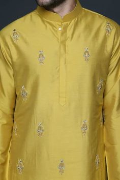 Shop for Sanjev Marwaaha Yellow Cotton Silk Butti Pattern Embroidered Kurta Set for Men Online at Aza Fashions Festive Long Sleeve Unstitched Suit With Cutdana, Embroidered Cotton Silk Sets For Festivals, Festival Cotton Silk Bandhgala With Gota Work, Festive Unstitched Cutdana Suit With Long Sleeves, Festive Unstitched Suit With Cutdana And Long Sleeves, Silk Kurta With Motifs, Straight Kurta With Motifs For Festivals, Silk Kurta With Motifs For Diwali, Eid Art Silk Kurta With Motifs