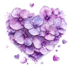 purple flowers in the shape of a heart with water droplets on it and hearts scattered around