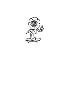 a black and white drawing of a person riding a skateboard with a flower on it