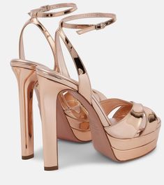 Divine mirrored leather platform sandals in gold - Aquazzura | Mytheresa Gathered Maxi Dress, Designer Beach Wear, Aquazzura Shoes, Embellished Clutch, Leather Platform Sandals, High Heel Sandals, Shoe Box, Platform Sandals, Designing Women