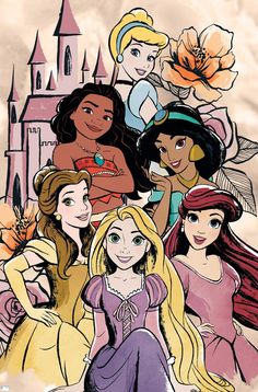 the disney princesses are all dressed up in their dresses and tiara's hair