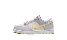 The Nike Dunk Low PS "Easter" is the preschool sizing of the classic basketball shoe in an Easter-inspired colorway.  The “Easter” Dunk Low features a fresh design with pastel colors that are commonly associated with the springtime holiday.  Oxygen Purple leather overlays are layered over the Summit White leather base.  A Topaz Gold leather Swoosh appears on both sides.  Gold accenting also appears on the “Nike” embroidery on the heel and on the tongue tag.  The collar is finished off in a white Easter Shoes, Blue Picnic, Nike Embroidery, Dunks Nike, Glitter Sneakers, Stadium Goods, Loafer Sneakers, Nike Kids, Purple Leather