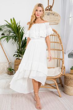 Off-white ruffled hi-lo maxi dress features a flounce off shoulder neck, elastic cinched waist, and double layered ruffle hi-lo skirt hemline, flowy silhouette. Off White Ruffled Maxi Off shoulder Elastic cinched Double layered White Tiered Ruffle Maxi Dress, White Maxi Dress With Ruffled Skirt, White Tiered Skirt Maxi Dress For Vacation, White Breezy Tiered Maxi Dress, Flowy Tiered Breezy Maxi Dress, White Ruffle Hem Dress For Wedding, White Ruffle Hem Wedding Dress, Wedding Ruffle Hem Maxi Dress, White Tiered Ruffle Dress For Wedding