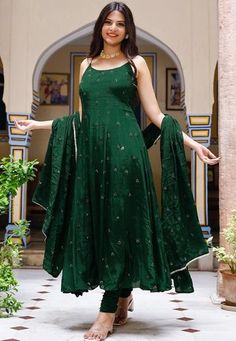 Faux Crepe Anarkali Kameez in Dark Green. This Readymade Sleeveless attire with Shantoon Lining is Enhanced with Resham and Sequins Work, Along with Gota Lace Work on Dupatta .Crafted in Round Neck. Available with a Shantoon Churidar in Dark Green and a Faux Crepe in Dark GreenThe Kameez and Bottom Lengths are 50 and 45 inches respectively. We sell all kinds of salwar kameez sets for women Georgette Salwar Kameez | Crepe Salwar Kameez | Art Silk Salwar Kameez | Velvet Salwar Kameez | Chiffon Sal Sleeveless Chanderi Salwar Kameez For Party, Semi-stitched Sleeveless Anarkali Set With Mirror Work, Sleeveless Anarkali Lehenga With Dupatta, Designer Anarkali Set With Resham Embroidery, Ankle-length, Designer Ankle-length Anarkali Set With Resham Embroidery, Semi-stitched Sleeveless Kurta With Mirror Work, Sleeveless Mirror Work Anarkali Set For Festive Occasions, Sleeveless Anarkali Set With Mirror Work For Festive Occasions, Designer Sleeveless Chanderi Anarkali Set