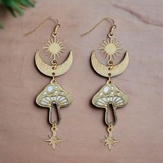 Magical Mushroom Lunar Gold EarringsPink tiful of LOVE Mystical Gold Earrings With Moon Charm, Mystical Moon Shaped Brass Earrings, Nickel-free Mushroom Shaped Earrings As Gift, Celestial Moon-shaped Brass Earrings, Celestial Boho, Mystical Moon-shaped Brass Earrings, Linear Earrings, Magical Mushroom, Dramatic Earrings