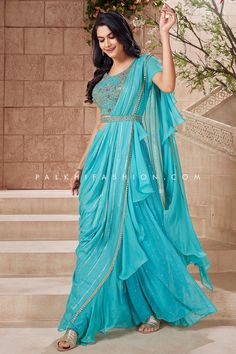 Light Blue Crop Top Palazzo Outfit With Attached Drape – Palkhi Fashion Crop Top Palazzo, Palazzo Outfit, Palkhi Fashion, Georgette Palazzo, Light Blue Crop Top, Barbie Cartoon, Blue Crop Top, Sequin Embroidery, Designer Outfits