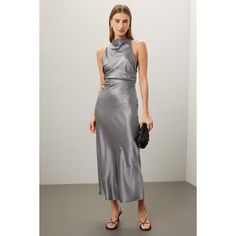 Grey satin (100% Silk). Shift. Sleeveless. Mock neck. Back zipper closure. Imported. Sleek Sleeveless Satin Midi Dress, Sleeveless Sleek Satin Dress For Spring, Slip Midi Dress, Cocktail Formal, Bold Accessories, Wedding Cocktail, Reformation Dress, Rent The Runway, Gowns Of Elegance