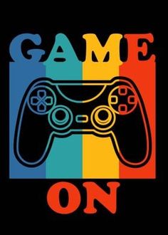 a video game controller with the words game on in front of an rainbow colored background