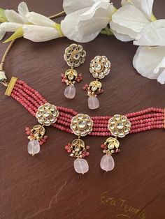 Elegant and delicate Indian Necklace With Gold Plating. Indian Bridal Kundan set One Gram Jewelry Choker Set. Very Gorgeous and pretty, fine Kundan choker necklace with matching earrings Adjustable length with help of dori (cord) Ready to ship from NJ, United States Gorgeous 24 K gold plated. Handmade Pink Kundan Necklace For Wedding, Pink Traditional Necklace With Stone Work, Traditional Pink Necklace With Stone Work, Traditional Pink Stone Work Necklaces, Pink Kundan Necklace For Festivals, Pink Tilla Necklace For Diwali, Pink Tilla Necklaces For Diwali, Pink Necklaces With Tilla For Diwali, Beaded Choker For Wedding And Diwali